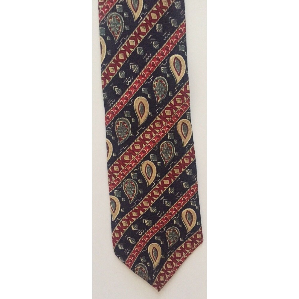 Y2K Vintage RALPH LAUREN CHAPS Silk Neck Tie Geometric RED Gold Navy Made in USA